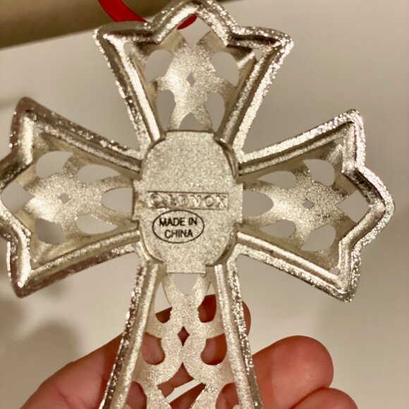 Lenox Silver Cross Christmas Ornament 4.5" x‎ 3.5" with Red Ribbon - Picture 5 of 5